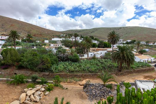 View at Betancuria on canry island Fuerteventura, Spain  with white houses, palm trees and cactus