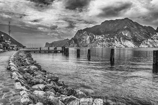 Scenic idillic view over the Lake Garda from the town of Torbole, Italy