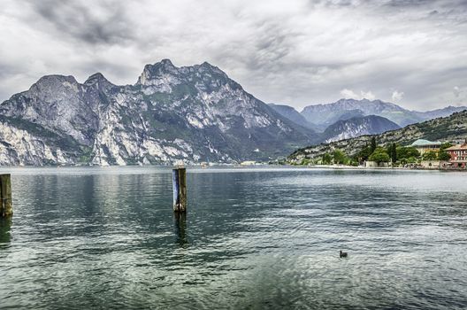 Scenic idillic view over the Lake Garda from the town of Torbole, Italy