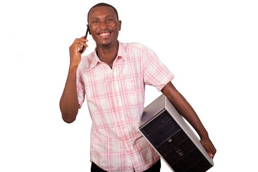 young technician with computer in hands and talking on the phone