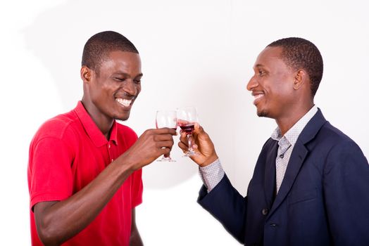celebration, between two happy business people holding glasses of wine and toast