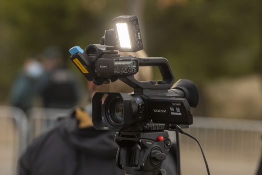 Journalists, and media, working in the area of the finish line, of the fourth stage of La Vuelta a España 2020.