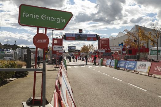 Staff and workers of the organization of the race and the cycling tour, in the finish area of the fourth stage of La Vuelta a España 2020.