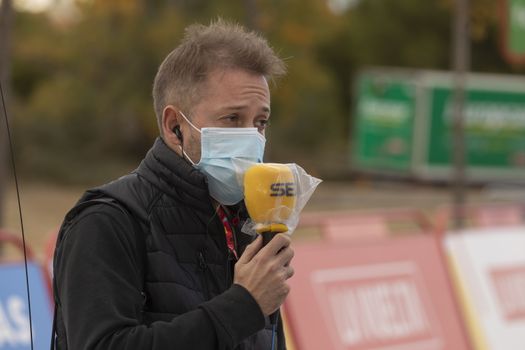 Journalists, reporter, working in the finish line area of the fourth stage of La Vuelta a España 2020.