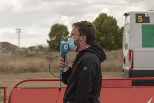 Journalists, reporter, working in the finish line area of the fourth stage of La Vuelta a España 2020.