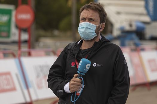 Journalists, reporter, working in the finish line area of the fourth stage of La Vuelta a España 2020.