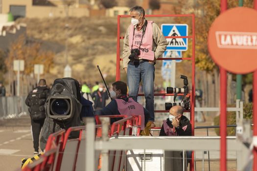 Journalists, photographers and media, working in the finish line area of the fourth stage of La Vuelta a España 2020.