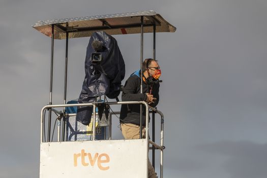 Journalists, photographers and media, working in the finish line area of the fourth stage of La Vuelta a España 2020.