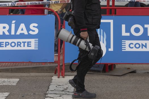 Journalists, photographers and media, working in the finish line area of the fourth stage of La Vuelta a España 2020.