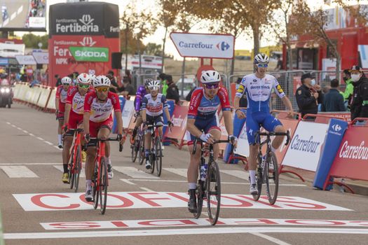 Cyclists, athletes, in the area of the finish line of the fourth stage of La Vuelta a España 2020.