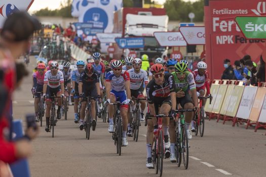 Cyclists, athletes, in the area of the finish line of the fourth stage of La Vuelta a España 2020.