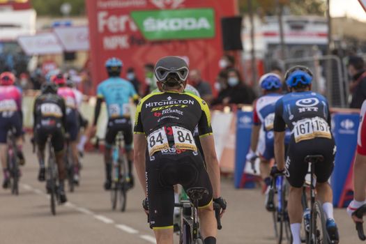 Cyclists, athletes, in the area of the finish line of the fourth stage of La Vuelta a España 2020.