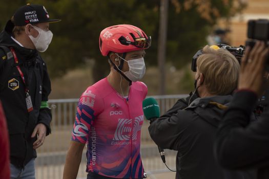 Journalists, photographers and the media, interviewing the winners of the fourth stage of La Vuelta a España 2020.