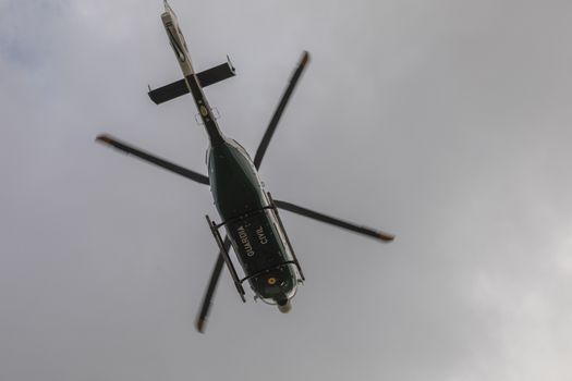 Police and state security forces helicopter, performing surveillance work in the fourth stage of La Vuelta a España 2020.