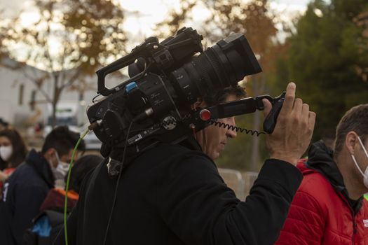 Journalists, photographers and media, working in the finish line area of the fourth stage of La Vuelta a España 2020.