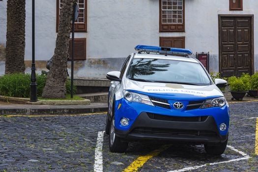 Spain, Tenerife island, La Orotava - May 11, 2018: Toyota Police car with the inscription on the hood Policia Local