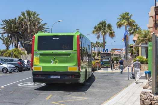 Spain, La Caleta - May 15, 2018: - Scheduled passenger bus Scania transport company TICA. Transport company TICA performs passenger transportation on the island of Tenerife.