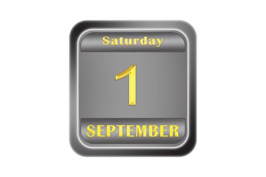 On a embossed metal plate, the gold date stamping is September 1, Saturday