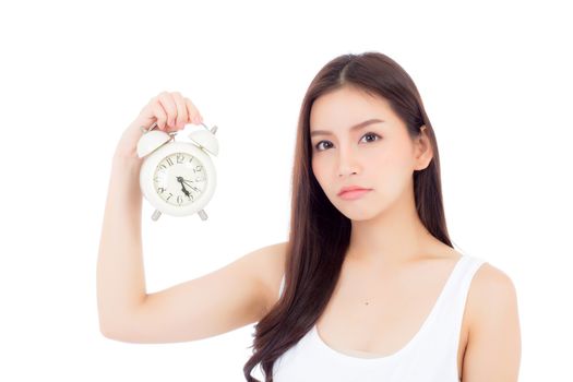 Beautiful asian young woman holding alarm clock, Portrait of woman with wake up, girl with isolated on white background, time with deadline concept.