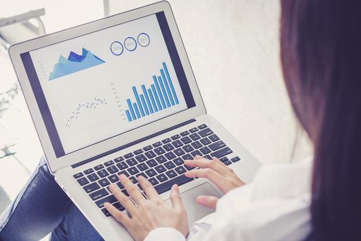Closeup business woman work with finance analysis and planing data on laptop, typing and looking graph with computer statistic for success, business concept.