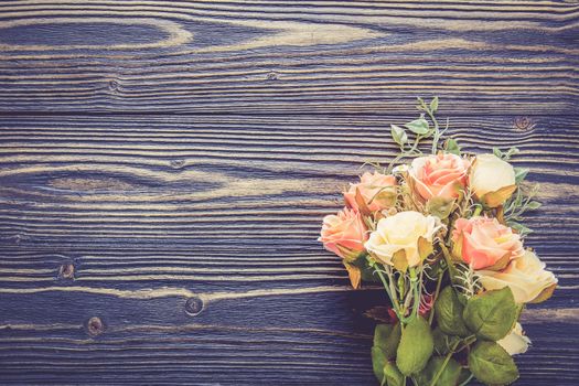 Bouquet of flower and empty rustic wooden table with copy space, table empty with flower romantic, top view, vintage retro style.