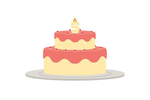 An illustrated drawing of a festive cake of two tiers with a candle in the form of the number five