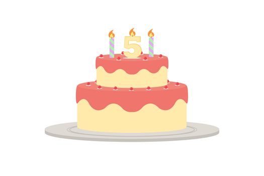 Illustrated drawing of a festive cake of two tiers with two candles and a candle in the form of the number five