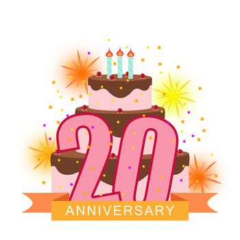Illustrated image with the number twenty, cake, fireworks and star rain