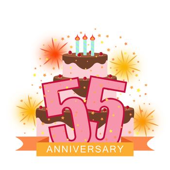 Illustrated image with the number fifty-five, a cake, fireworks and a starry rain