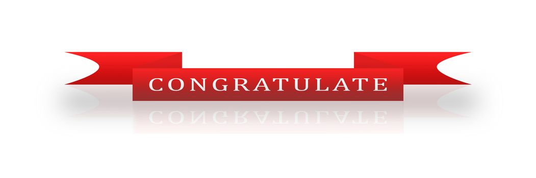 White inscription congratulations on the red ribbon with reflection, white background