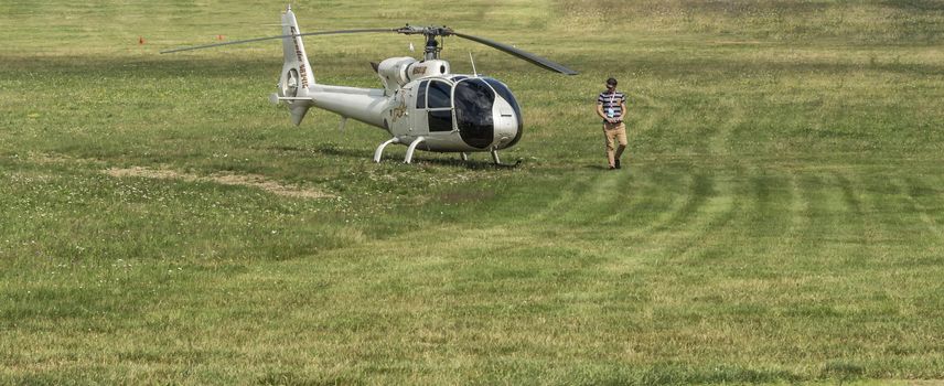 Belarus, Minsk - July 23, 2018: Helicopters of the teams of participants of the 16th World Helicopter Championships and the 4th stage of the World Cup in helicopter racing in Minsk (Belarus)