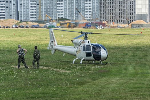 Belarus, Minsk - July 23, 2018: Helicopter at Borovaya airfield, the venue of the 16th World Helicopter Championships and the 4th stage of the World Cup in helicopter racing