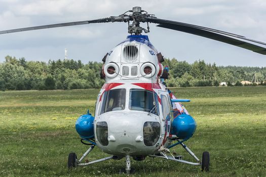 Belarus, Minsk - July 23, 2018: Helicopter of the Russian team at the 16th World Helicopter Championships and 4th World Cup in helicopter racing