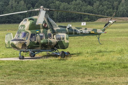 Belarus, Minsk - July 23, 2018: MI-2 helicopter of the Ukrainian team at the 16th World Helicopter Championships and the 4th stage of the World Cup in helicopter racing