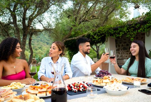 Multi racial happy young friends group toasting in the garden at sunset with red wine glasses - Millennials bonding and talking at laden table in countryside celebrating the grape harvest in Tuscany