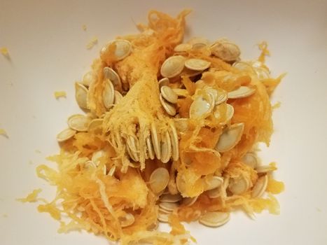 pumpkin seeds and orange pulp in white container