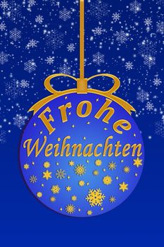 Blue Christmas ball with the inscription Merry Christmas in German, illustration