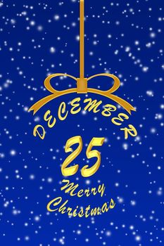 Template for Christmas greetings in the form of a Christmas ball with a gold inscription and date, blue Christmas background