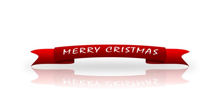 On a red greeting tape written in white font Happy Christmas, white background, reflection,