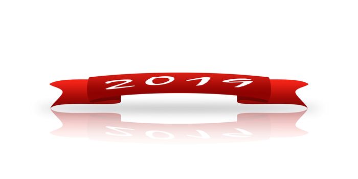 On the red greeting ribbon is written in white 2019 font, white background, reflection