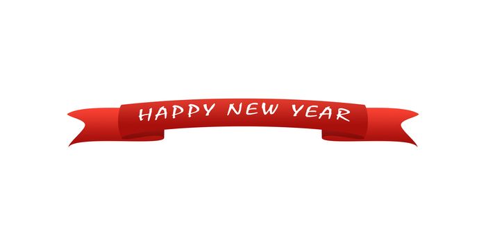 On the red greeting ribbon is written in white font New year, white background