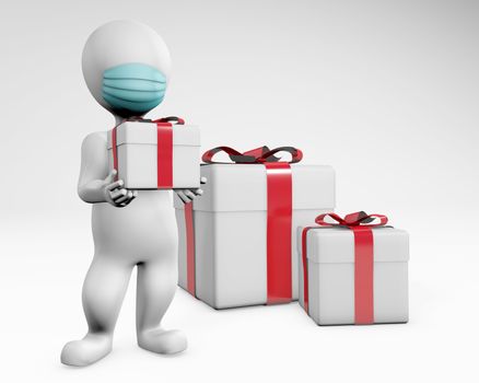 Fatty men with mask making present birthday christmas valentine 3d rendering isolated on white