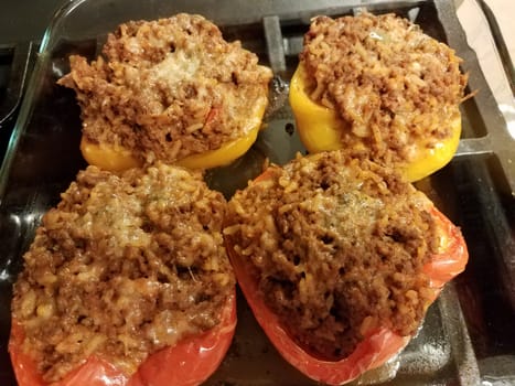 bell peppers with beef and rice and cheese in glass container