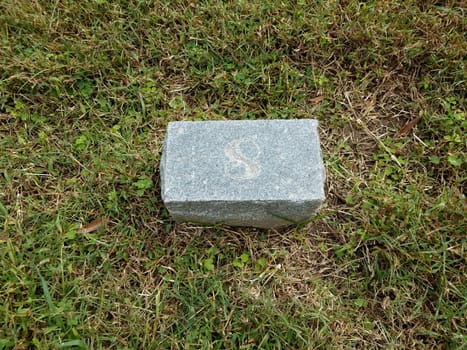 grey stone with number eight in green grass