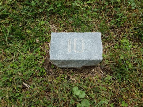 grey stone with number ten in green grass