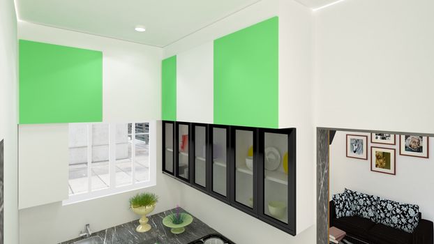 3D rendered kitchen compositions with white and lime colour shead.