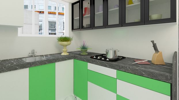 3D rendered kitchen compositions with white and lime colour shead.