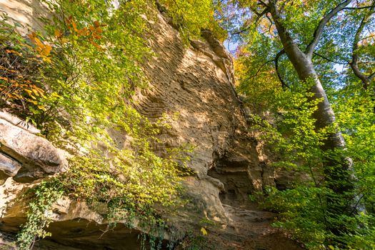 Leisurely hike at the golden hour to the famous Heidenhoehlen near Stockach on Lake Constance