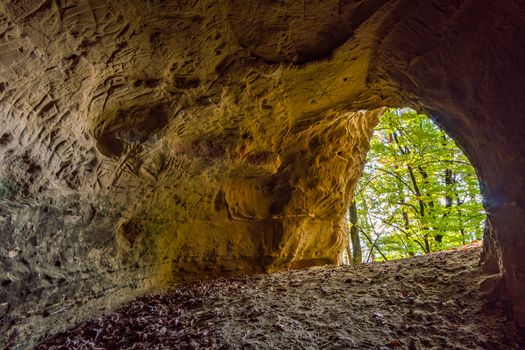 Leisurely hike at the golden hour to the famous Heidenhoehlen near Stockach on Lake Constance