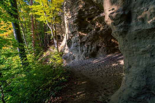 Leisurely hike at the golden hour to the famous Heidenhoehlen near Stockach on Lake Constance